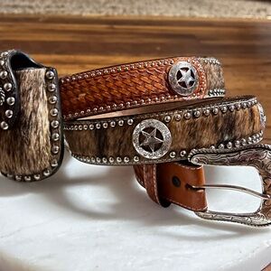 Ranger ~ Men’s Size 38 Brown ~ Cowhide Hair/ Conchos Leather Belt W/Phone Holder